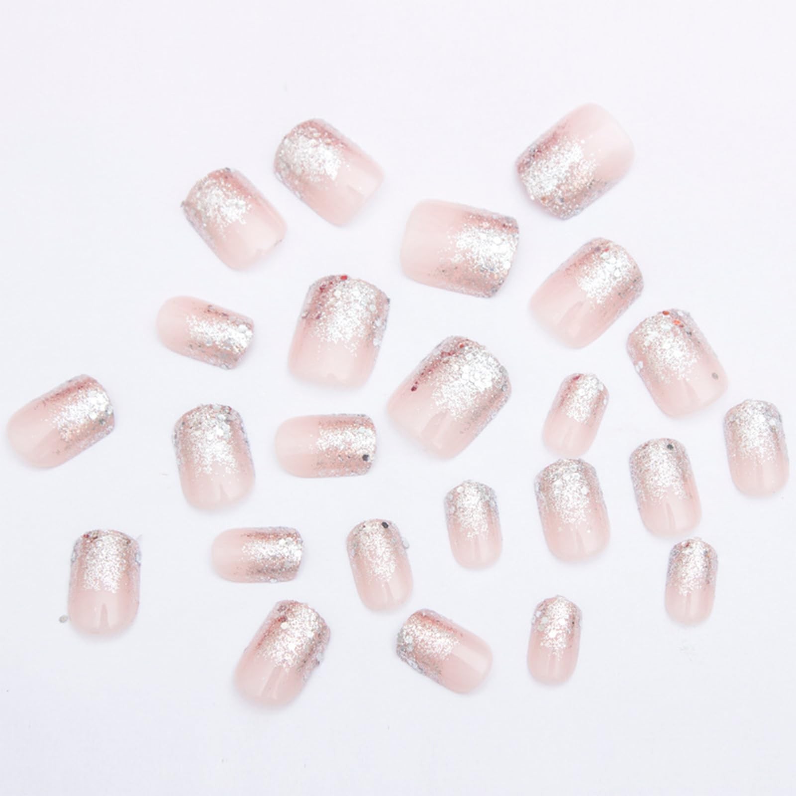 24Pcs Glitter Silver French Press on Nails Short Square Fake Multicolor