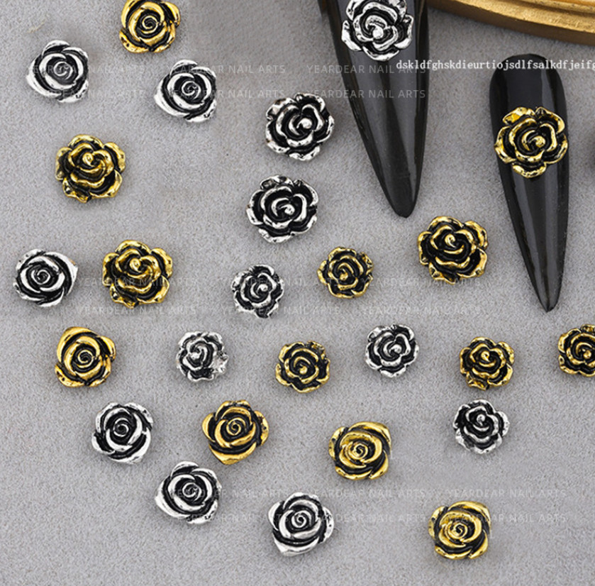 10pcs Silver Gold Rose Alloy Flowers Charms Nail Art Jewelry Décor NH9