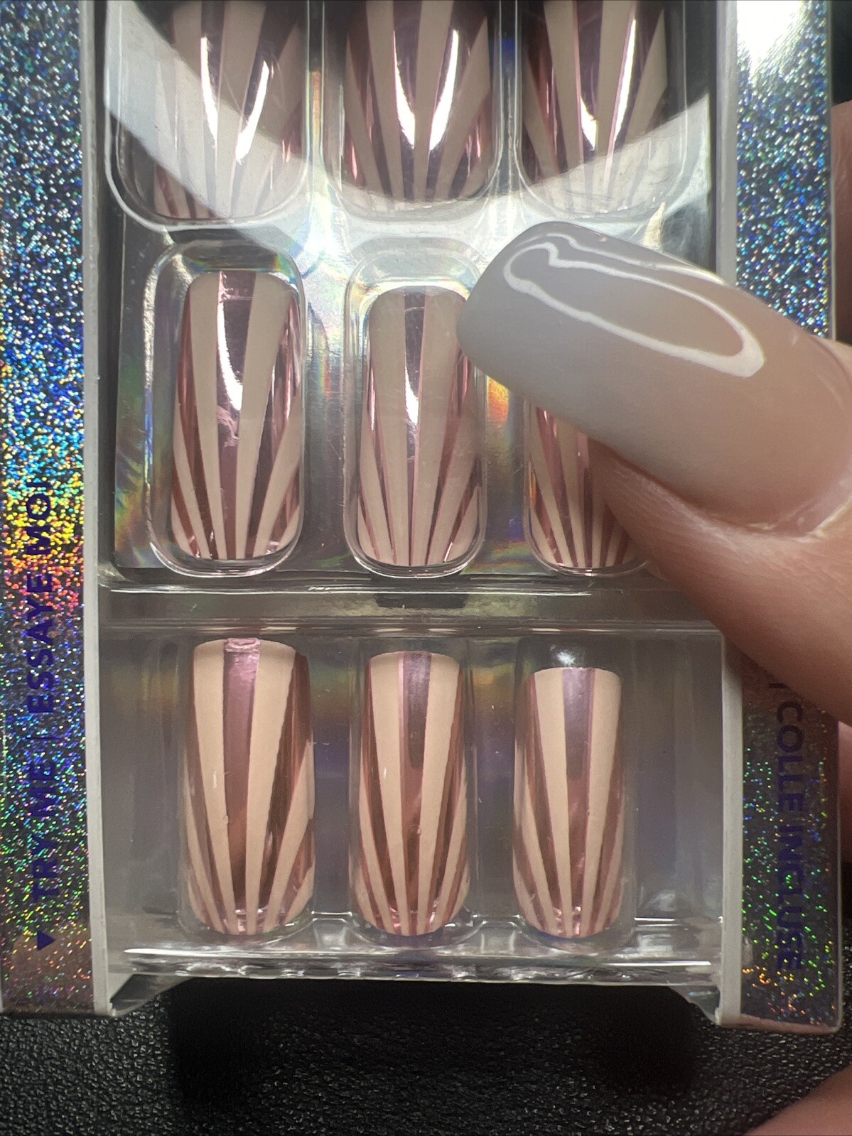24pc Claire’s Fake False Glue On Pink Sunburst Square Metallic Nails