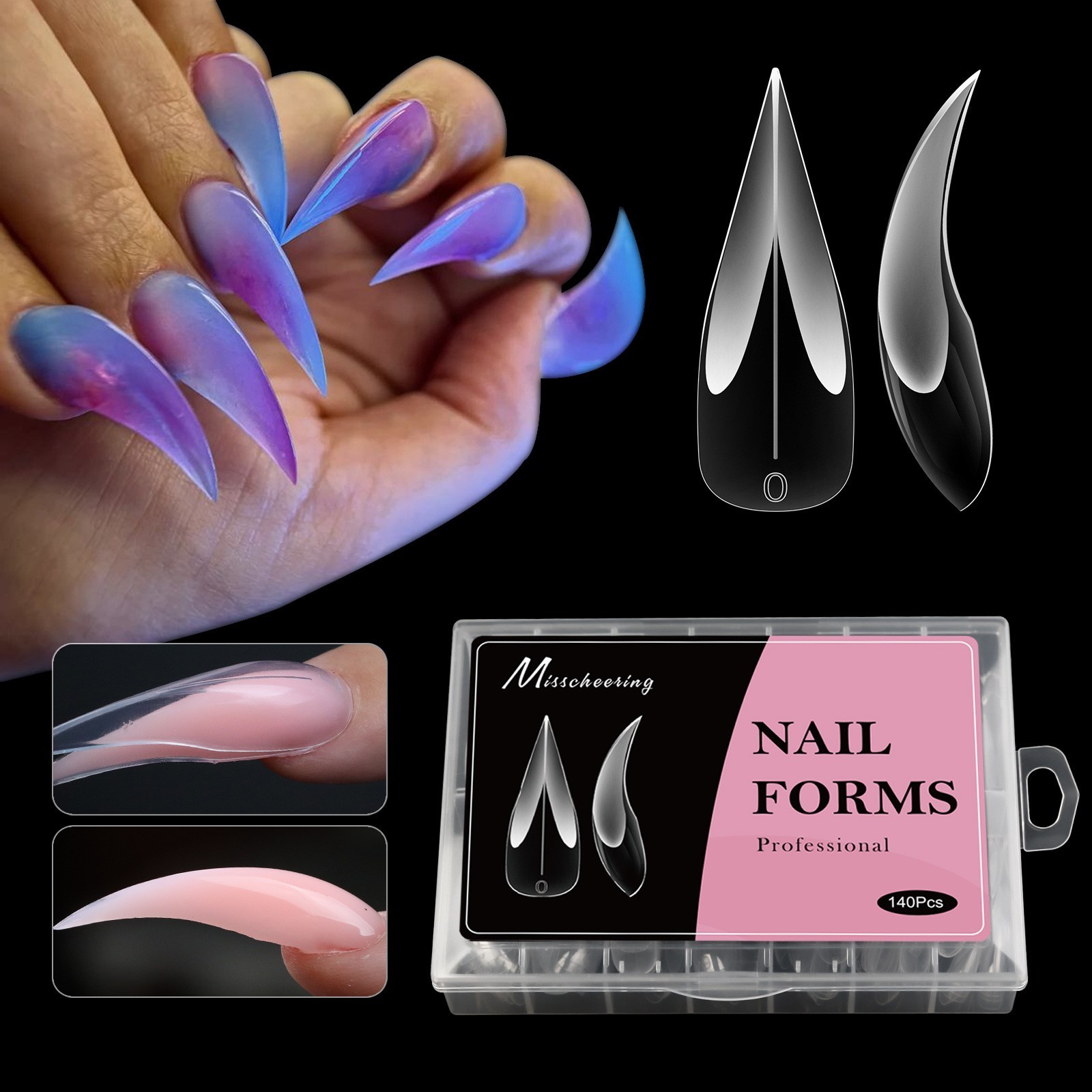 140Pcs/Box Curved Stiletto Claw Shape Nail Forms for Finger Full Cover Nails