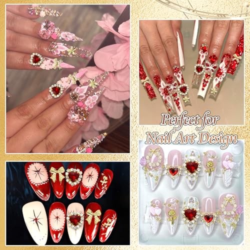 96PCS Gold Bows Nail Charms Red Heart Gems Nail Art Charm Nail Jewels Gold&Red