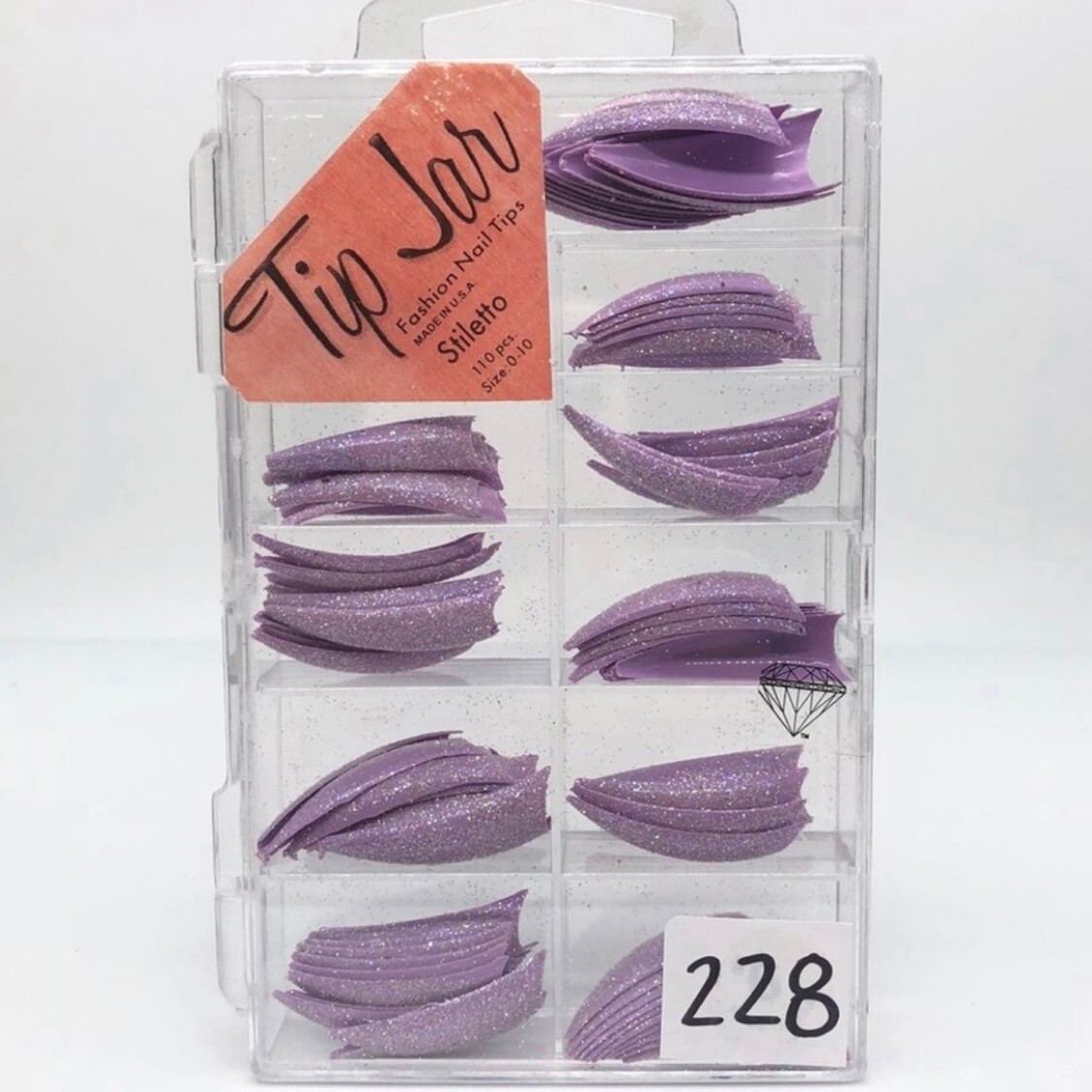 Brand New Tip Jar Fake Nail Tips – Purple Stiletto with Glitter (#228)