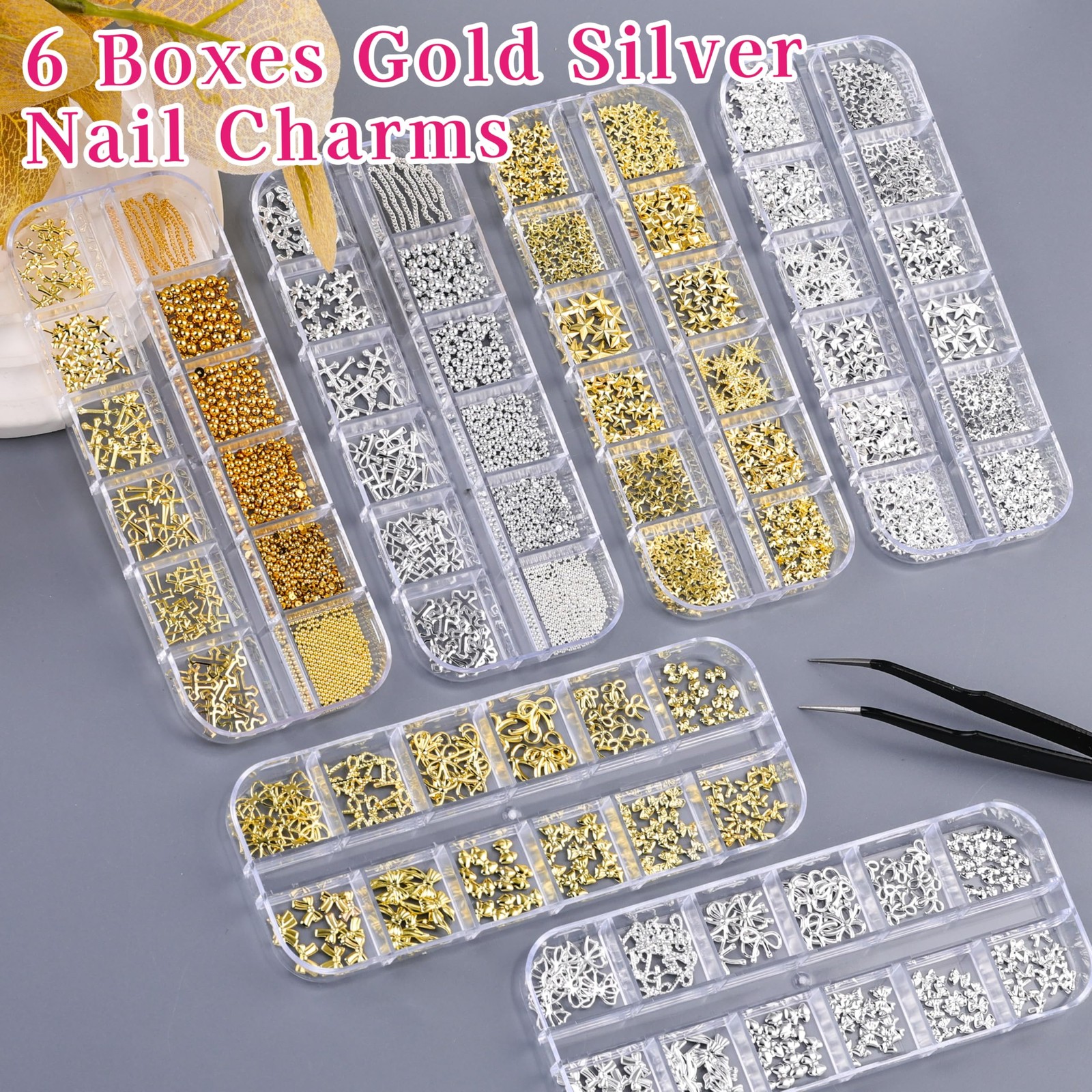 Gold Silver Star Cross Bows Nail Charms, 6 Boxes 3D Metal Y2K Nail Charms and…