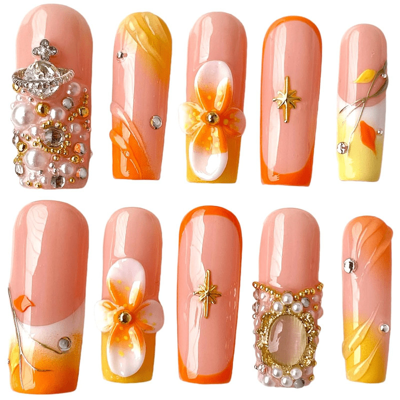 Handmade Long Square Nails Peach Orange Ombre 3D Flower Pearl Rhinestone
