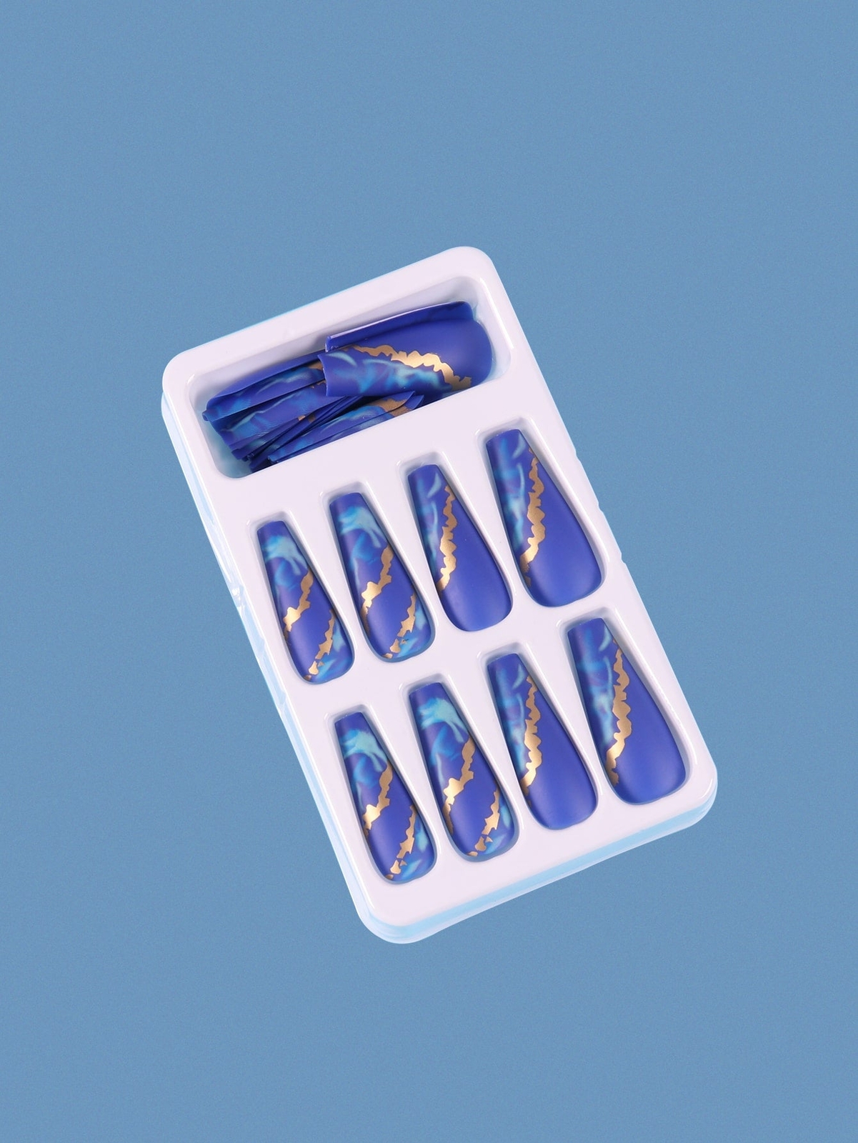 24pcs Long Coffin Abstract Blue Marbled Pattern Fake Nail Press On Nails False