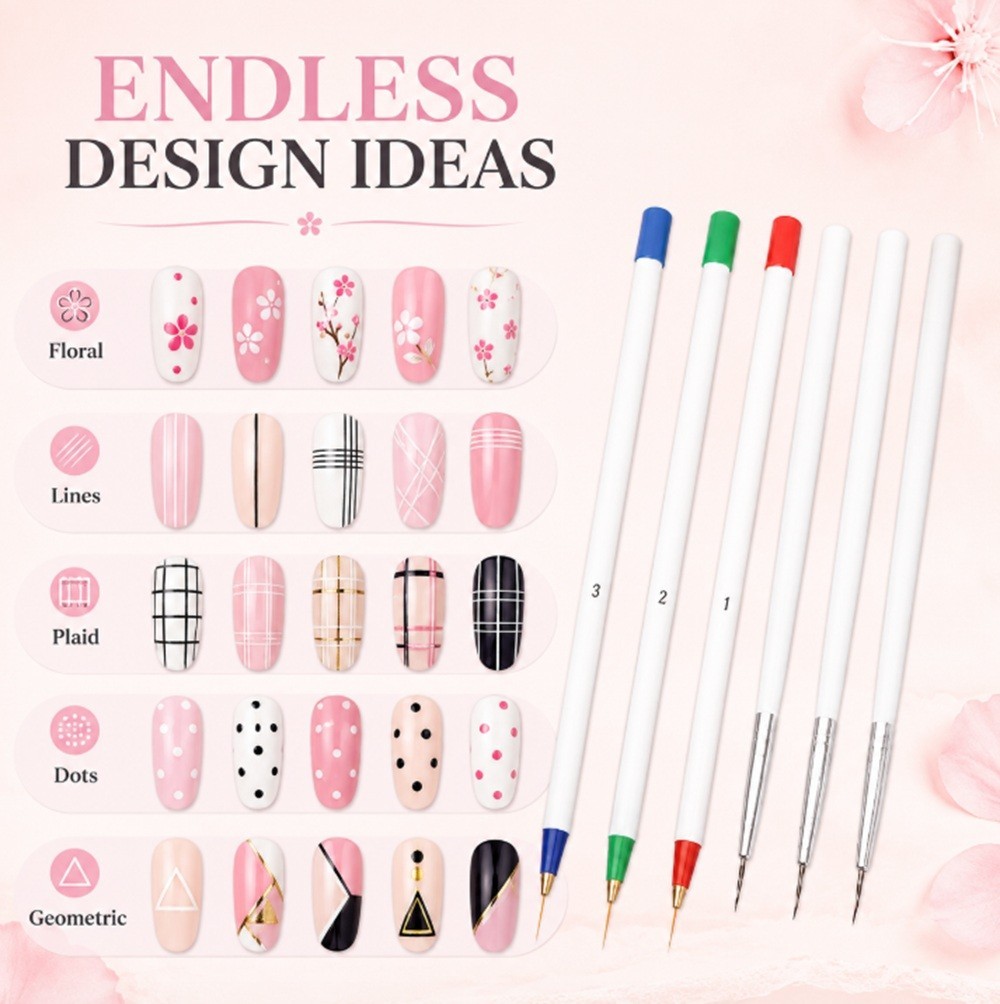 6 Nail Art Liner Brushes Set-Precision Design Brush Lines, Dotting & Drawing Pen