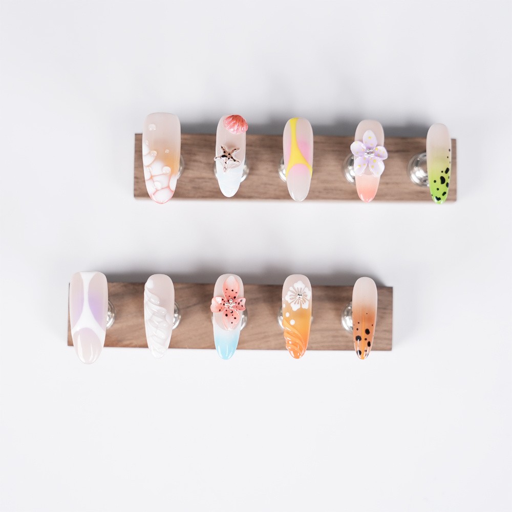 Handmade Summer Ocean Floral Press on Nails Shell Starfish Glossy Fake Nails