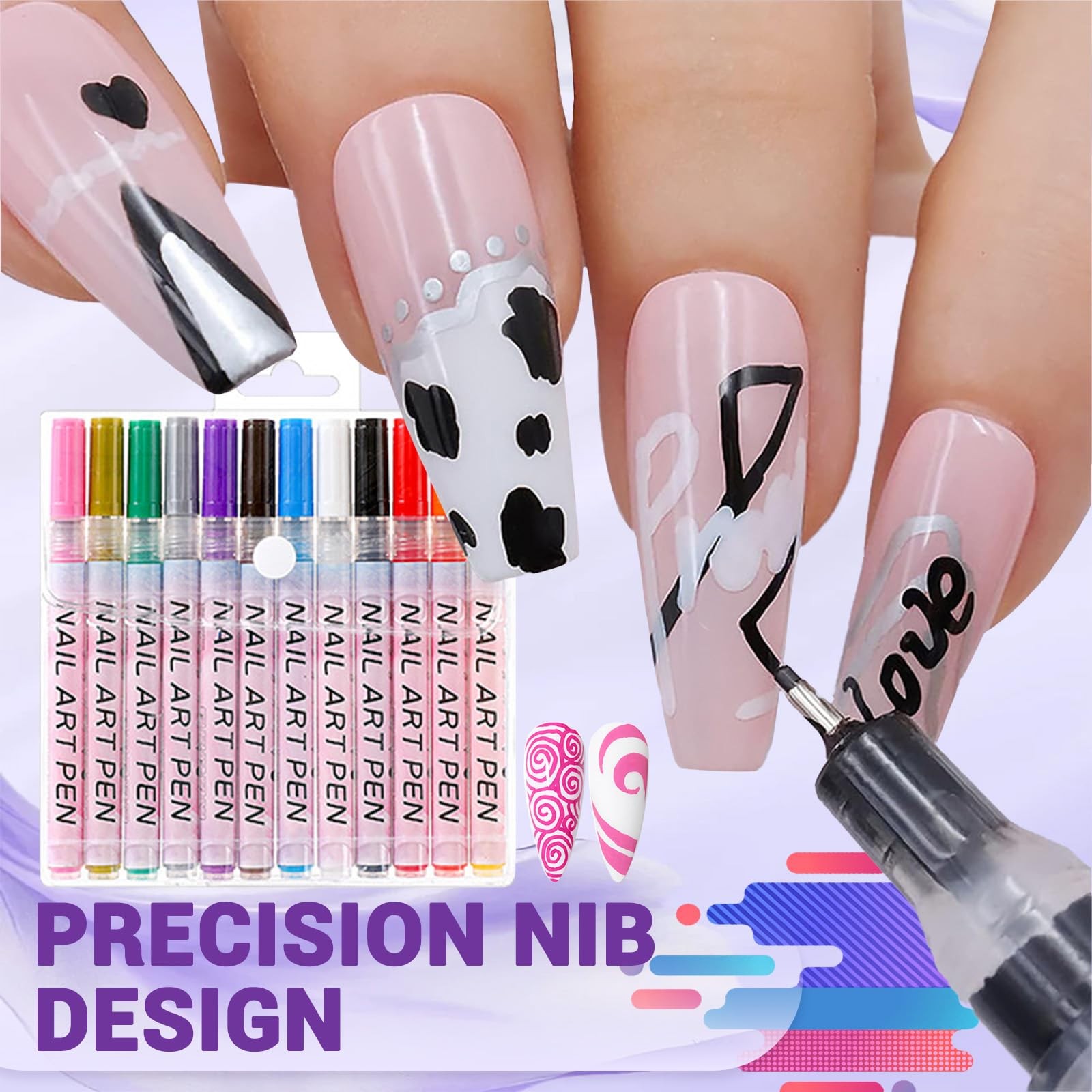 12 Color Nail Art Pens, 0.5 MM 3D Waterproof and Quick-drying for DIY Nails Art