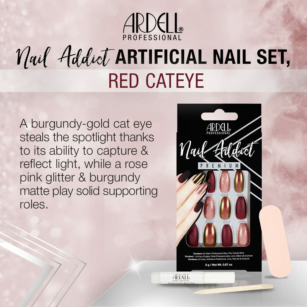 Ardell Nail Addict Premium Artificial Nail Set, Long Length Coffin Shaped Burgun