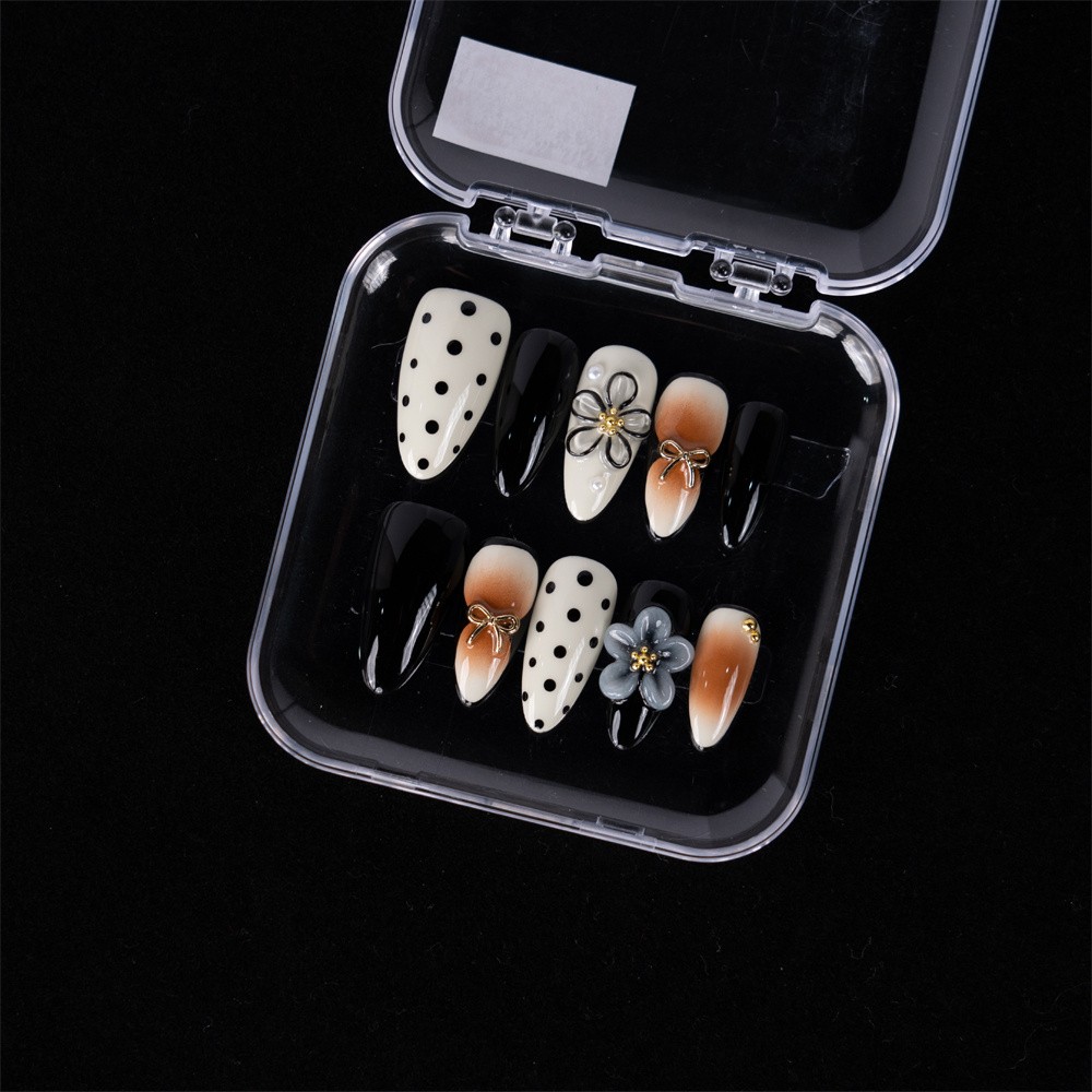 10pcs Black White Brown Almond Nails 3D Polka Dot Flower Unique Design