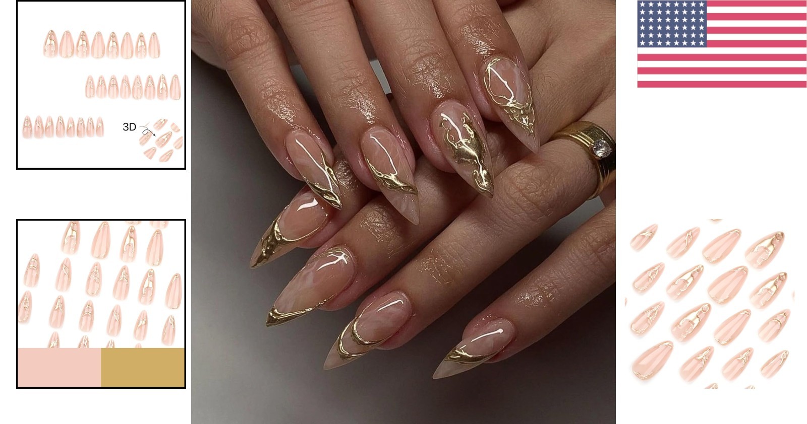 Glossy Gold Almond Fake Nails – 24 Pcs Full Cover Design for Effortless Glam