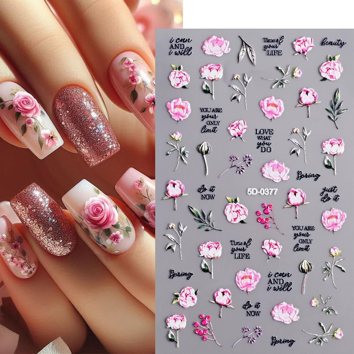 8 Sheets Summer Flower Nail Art Stickers Self-Adhesive Floral Nail Decals with R