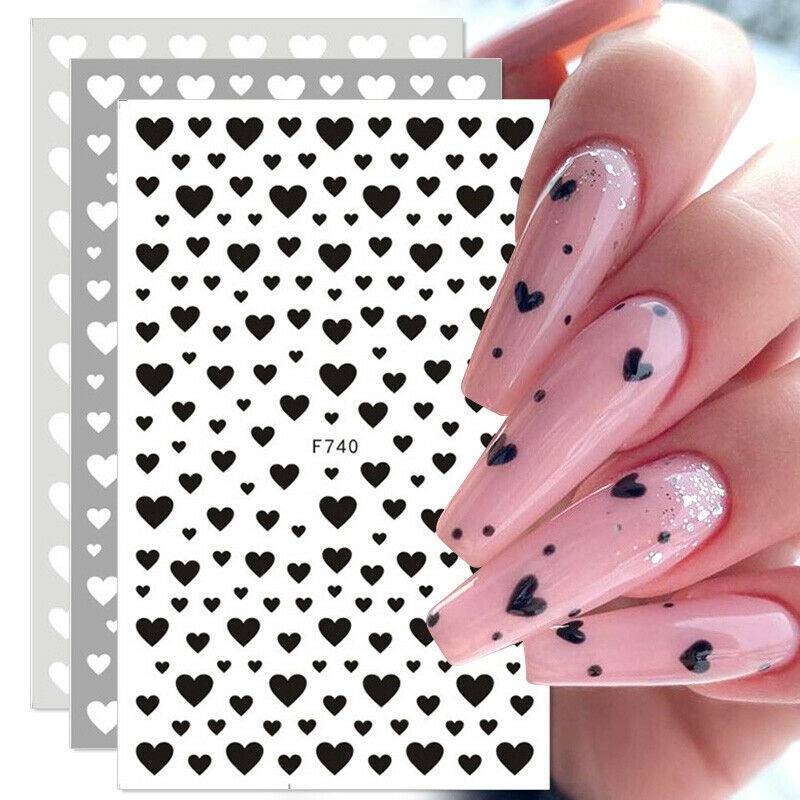 DIY Nail Stickers Love Heart Nail Art Manicure Black White Red Design Decals 3D