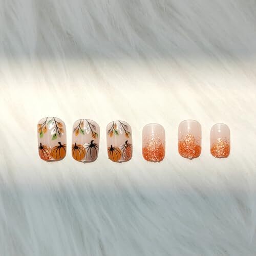 Fall Press on Nails Short Square Fake Nails Glitter Thanksgiving Nails Design-4