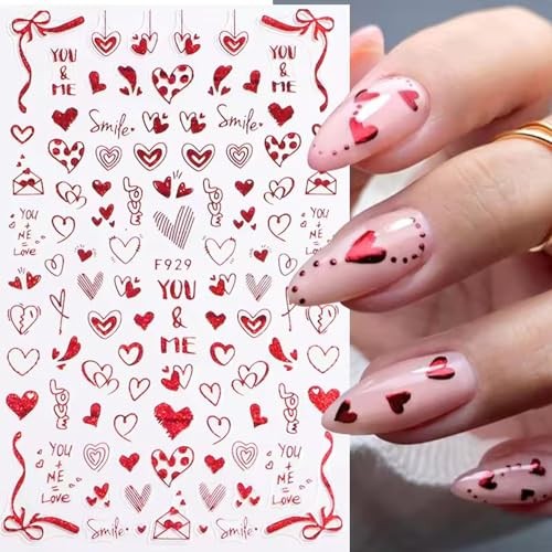 4Pcs Red Valentine’s Day Nail Art Stickers – Love Heart Nail Decals, 3D Self