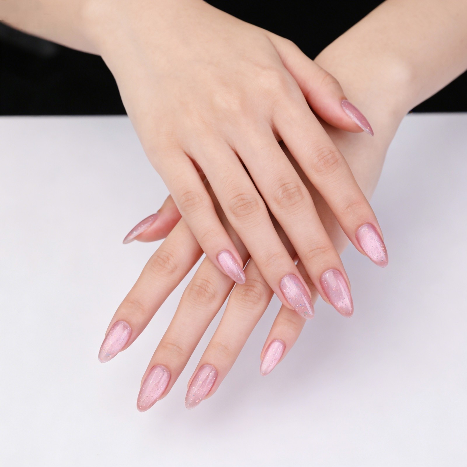 Sakura Pink Cat Eye Almond Press On Nails – Gold Foil Glitter Bridal False Nails