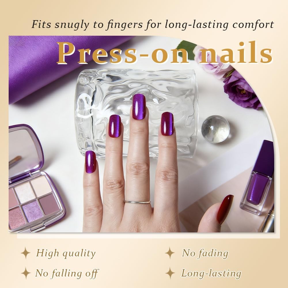 Purple Red Reflective Blue Press On Nails – Cat Eye Medium Square Magnetic Ac…