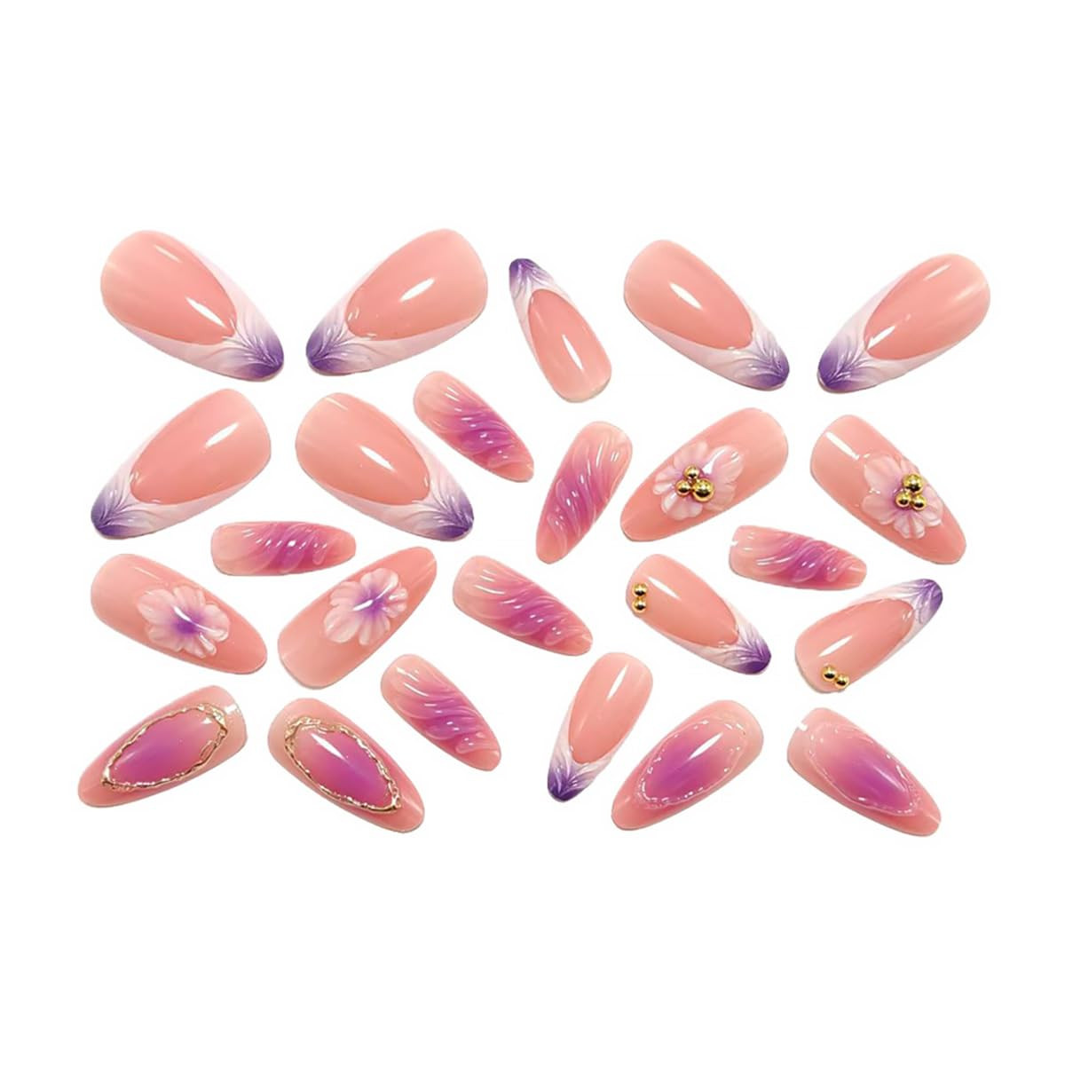 24Pcs Purple Flower Press on Nails Medium Almond Fake Nails French Tip False Nai