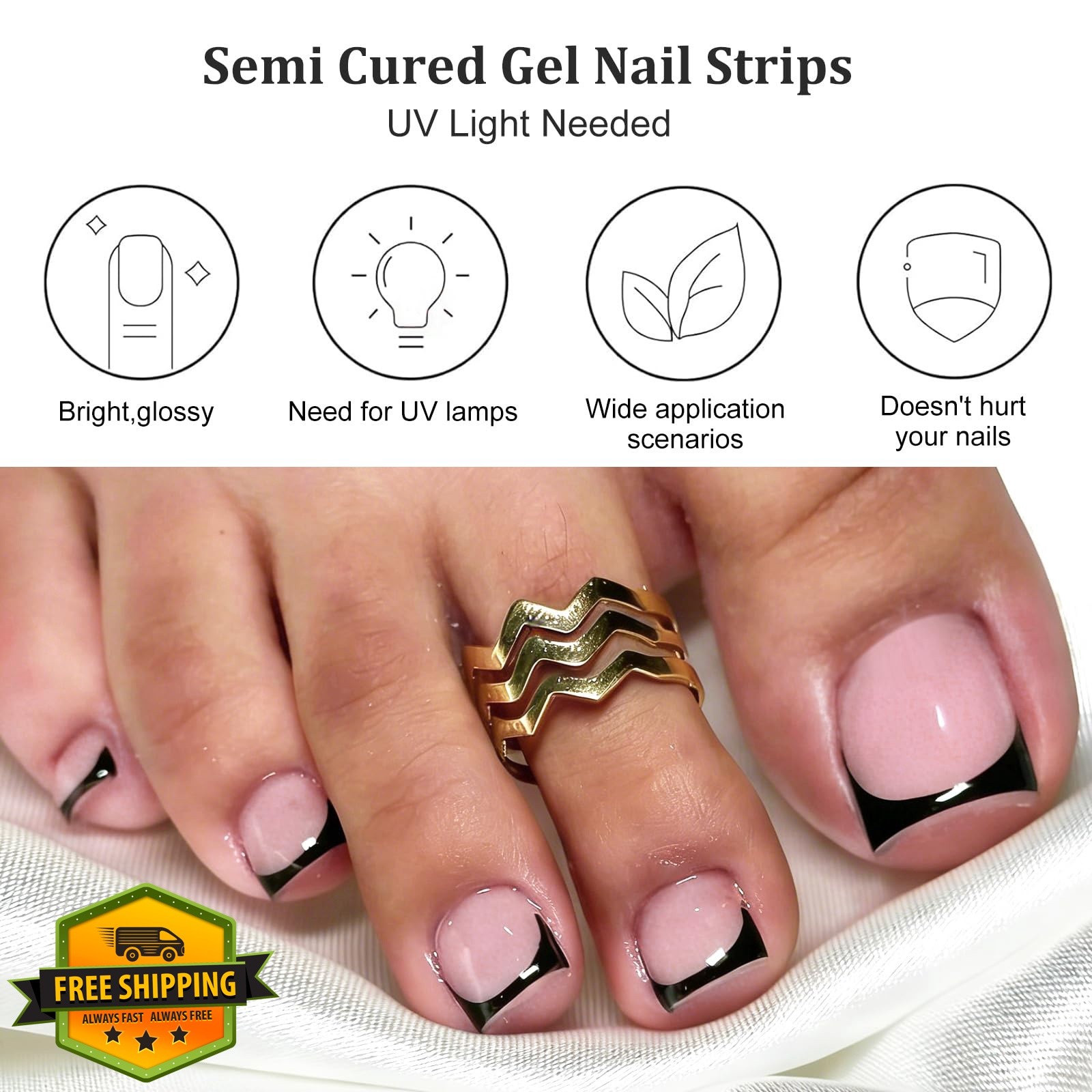 IQXGE 34 Pcs Semi Cured Gel Toe Nail Strips Black French Tip Gel Nail Sticker…