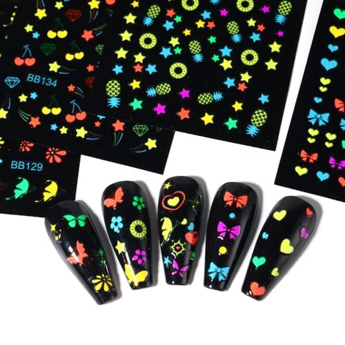 24Sheets Glow in Dark Flower Nail Art Sticker Decals 3D Fluorescence flower-7