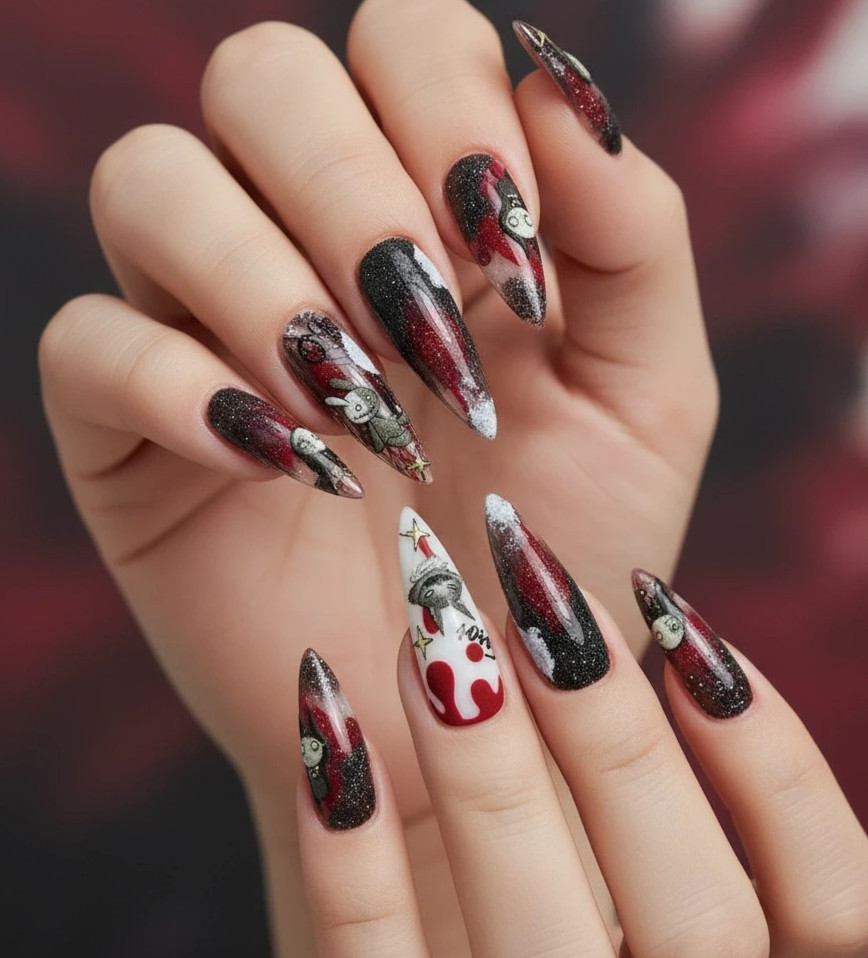 Gothic Halloween Nail Stickers – Horror Cartoon, Red Hearts & Gold Stars (363)