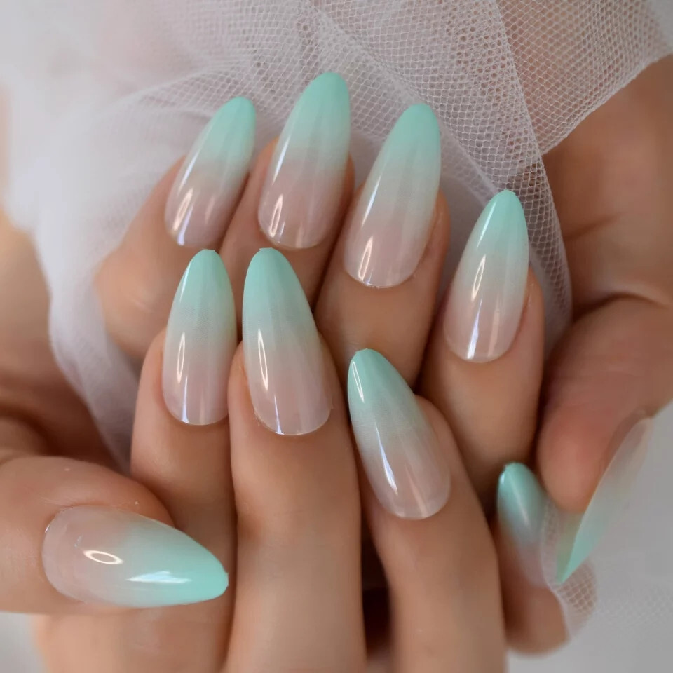 24 Press on nails kit w glue mint green ombre french almond pastel