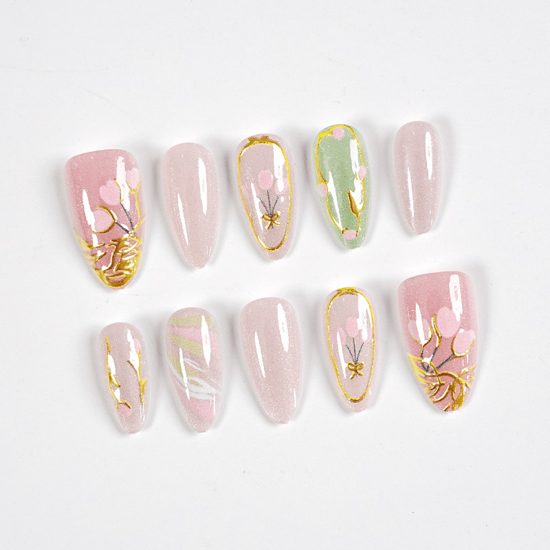 60pcs Almond Press on Nails, Pink Green Gold Line Cherry Blossom Glitter Nails