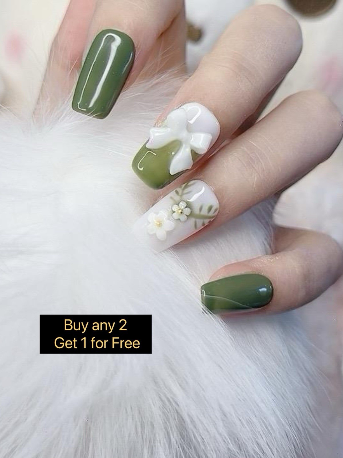 Press on Nails Square Shape Green Color with 3D Bowknot Design 112