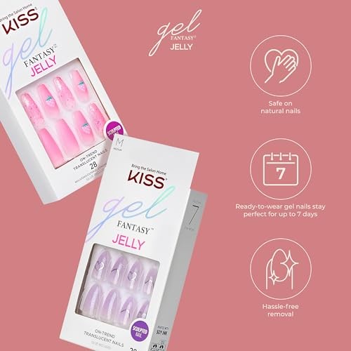 KISS Gel Fantasy Press-On Nails, Jelly Queen Black Short Oval, 28 Nails + Glue