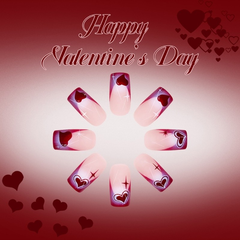 Middle Length Glossy Fake Nail Valentine Wine Red Heart Design Press On Nail