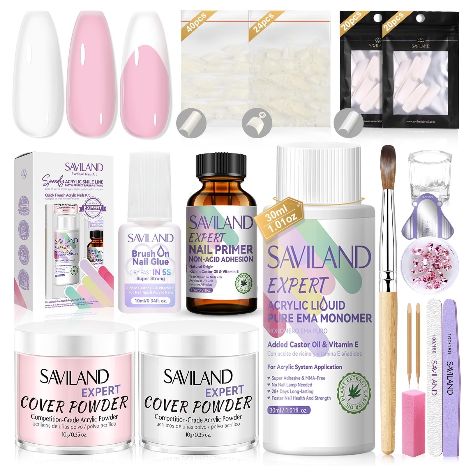 SAVILAND Acrylic Nail Kit with Drill: 15g White Pink Clear Acrylic Powder and Li