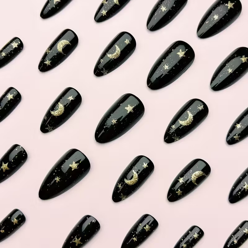 24pcs Almond Medium Press-On Nails, Golden & Black Starry Night, Crescent Moon