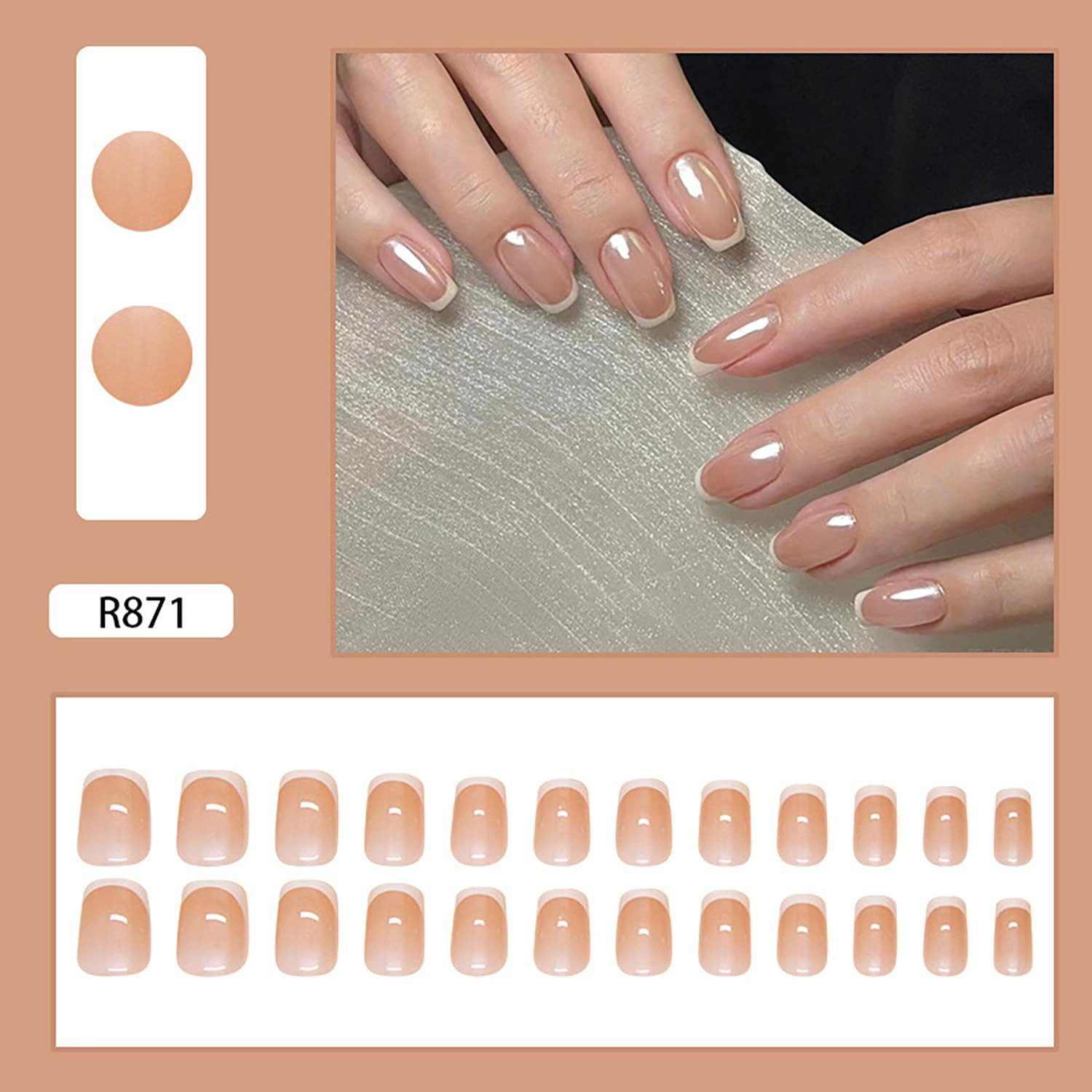 White French Press on Short Square Nude False Nails with Design Charm Acrylic Ar