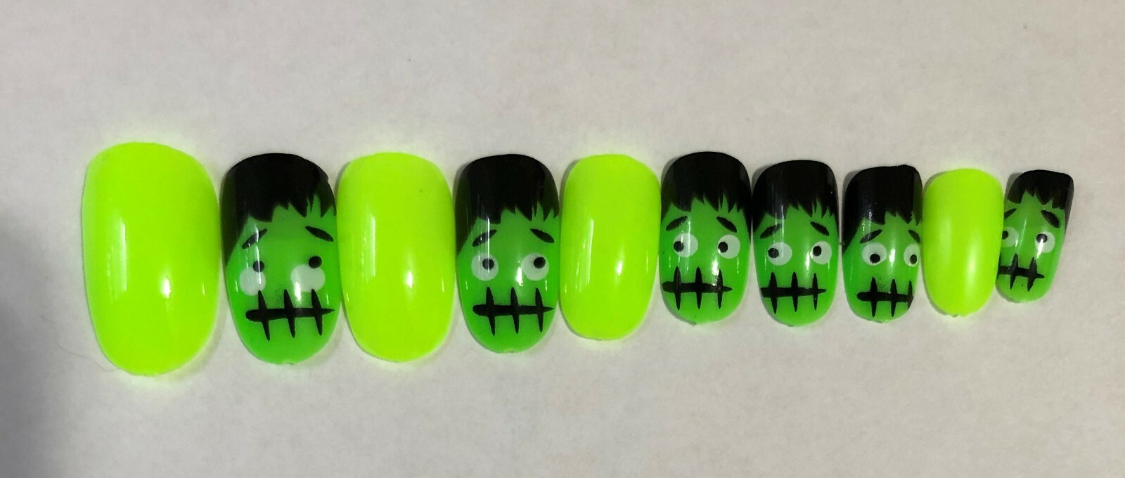 Frankenstein Glow in the Dark Nails- (Set of 20 sizes 0-9) Short Oval,Pre-tabbed