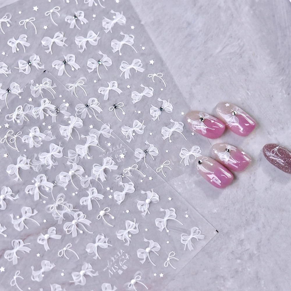White Lace Bow Nail Stickers for Nail Art Supplies Cute Nail Bows Ribbon