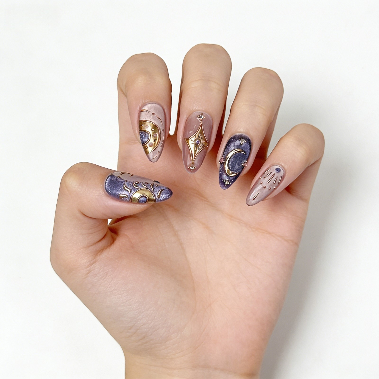 Press On Nails Medium Almond Purple Gold Celestial Moon Star Nail Art Glue Set