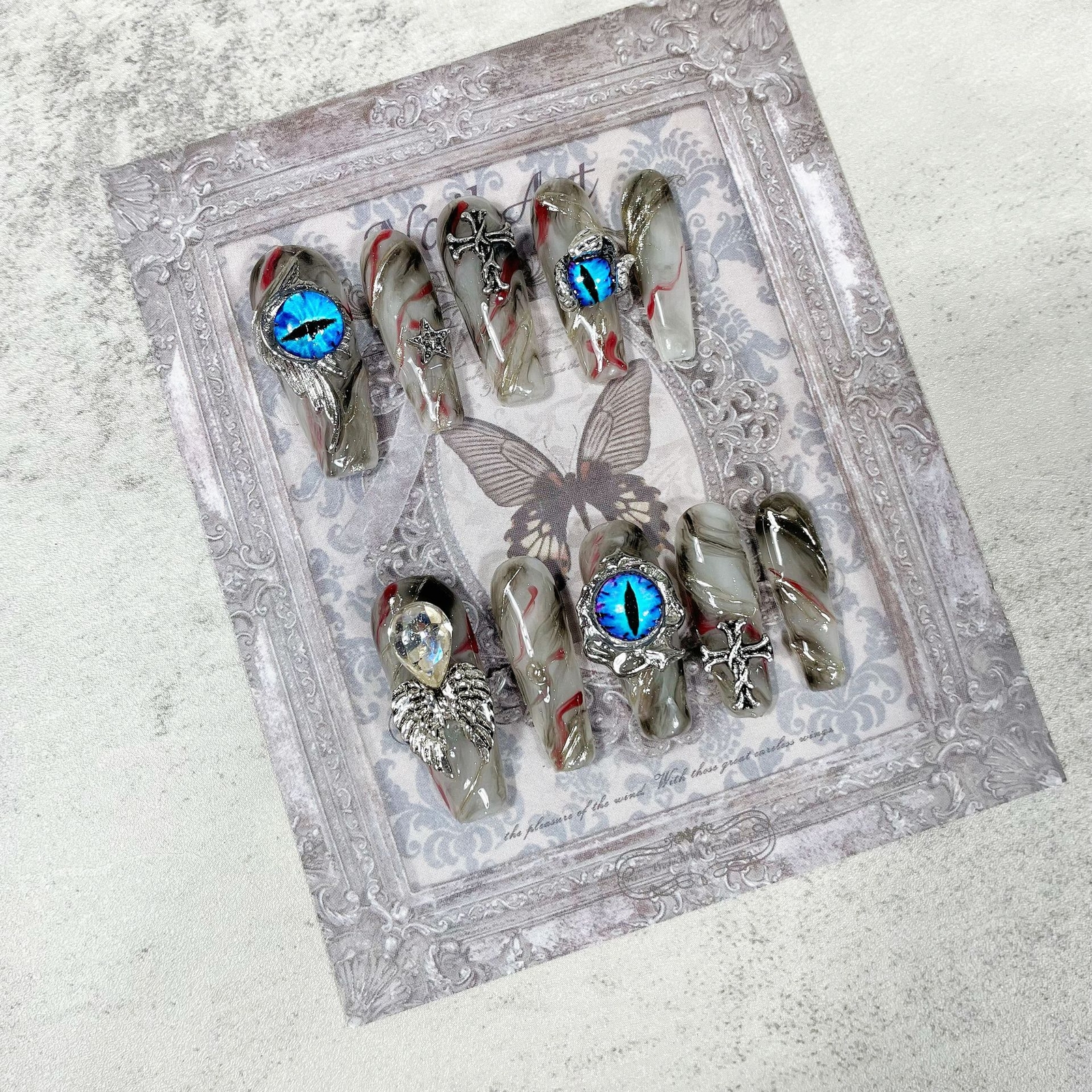 Handcraft Press on Nails Cross Evil Eyes Punk Fake Nail Tips Long Size XS S M