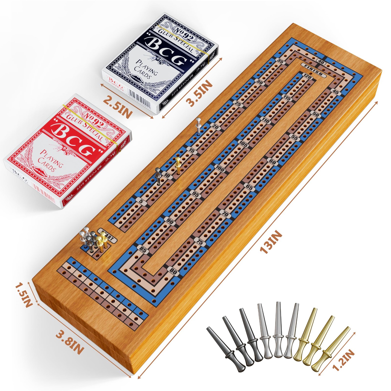 Wooden Cribbage Board Game Set – 15 inches x 2 inches, Walnut Color