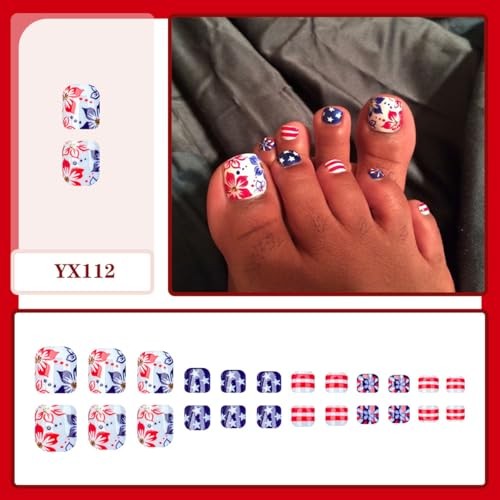 4th of July Press on Toenails Short Square Fake Toe Nails with Star | Style-29