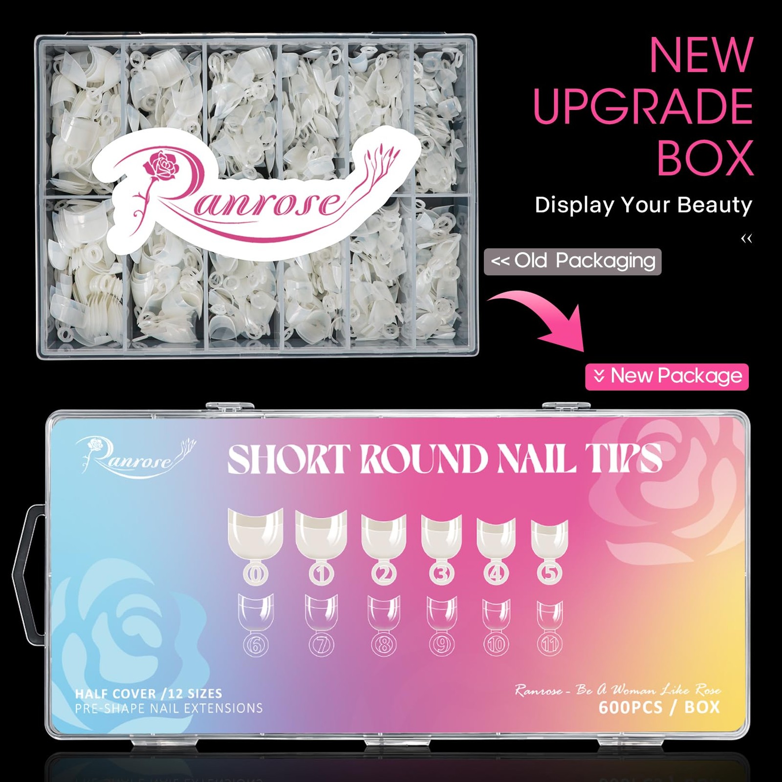 Ranrose 600pcs 600 Piece Assortment, Natural Short Oval Nail Tips