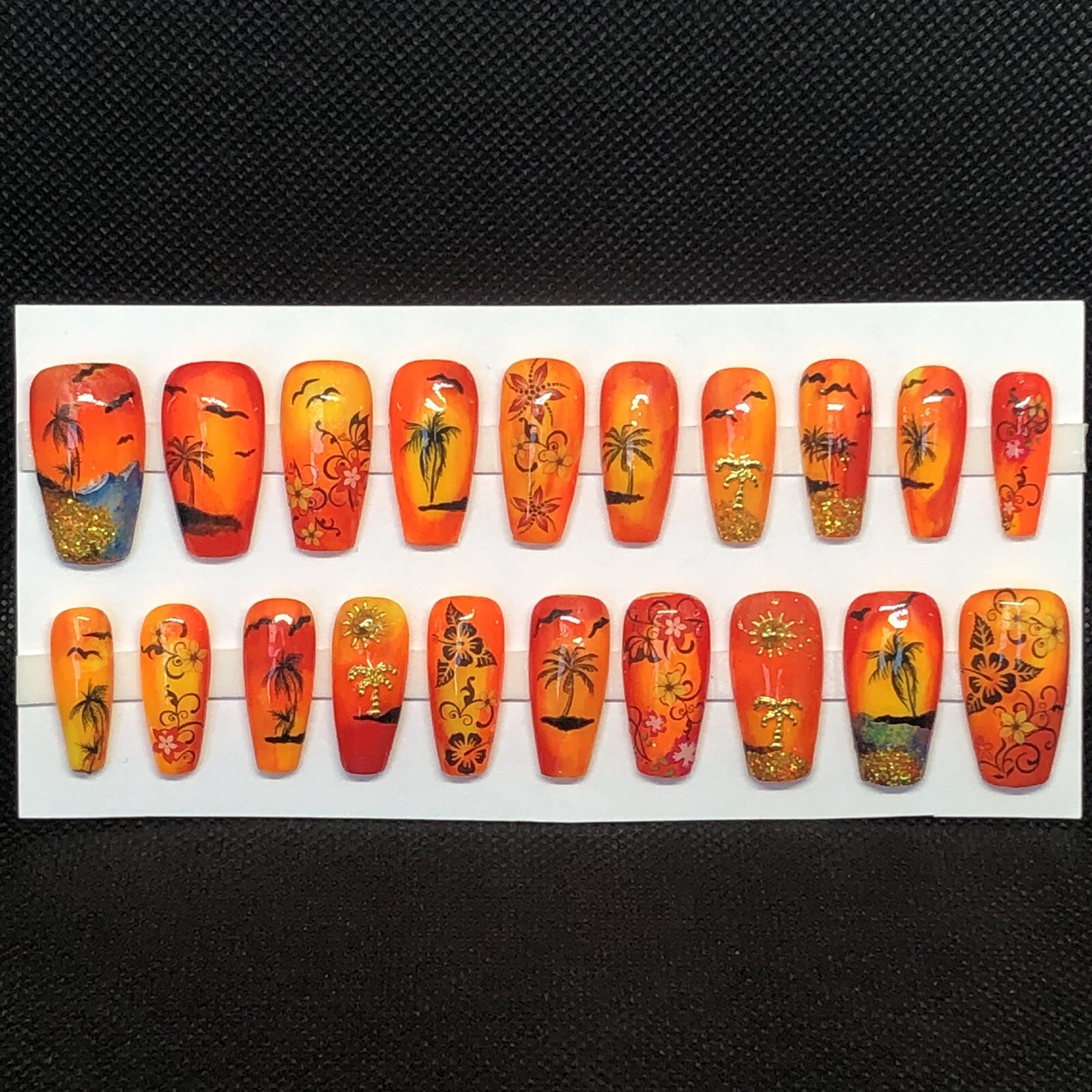 Handmade Custom Press On Nails Long Coffin Shape Summer Tropical Beach Nails