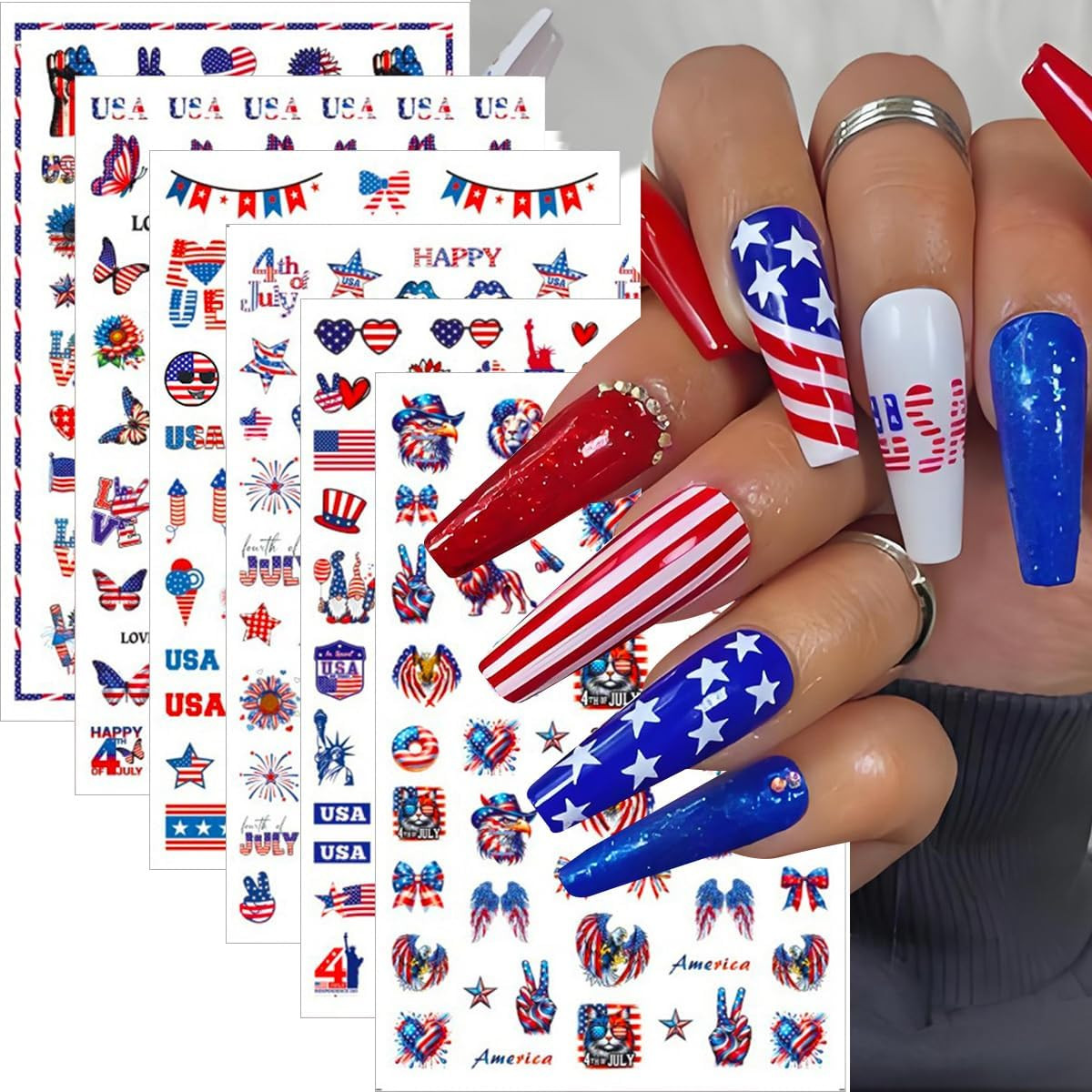 6Pcs 4Th of July Nail Art Stickers Decals Red Blue White Flag 3D Self-Adhesive N