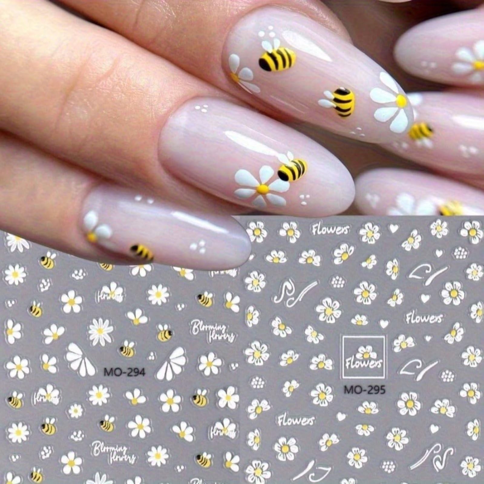 2 Sheets Spring Nail Art Stickers Decals Bee Flower Nail Decals 5D Embossed I…