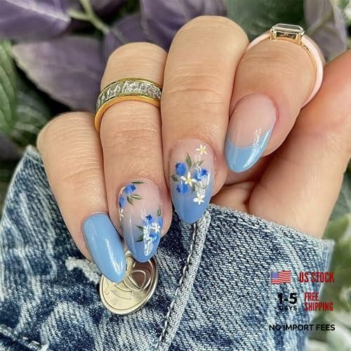 24Pcs Blue French Tip Press on Nails Short Almond – Blue Flowers Design Nails-6