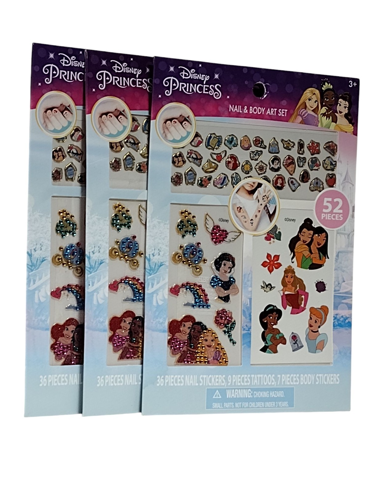 3 Disney Princess Kids Cartoon NAIL BODY STICKER ART SET Temporary Tattoos Decal