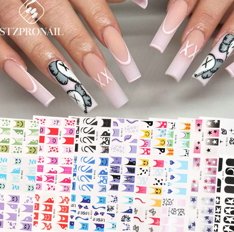 8Sheets Nail Art Water Transfer Stickers Geometric Star French Tips Decals NH19