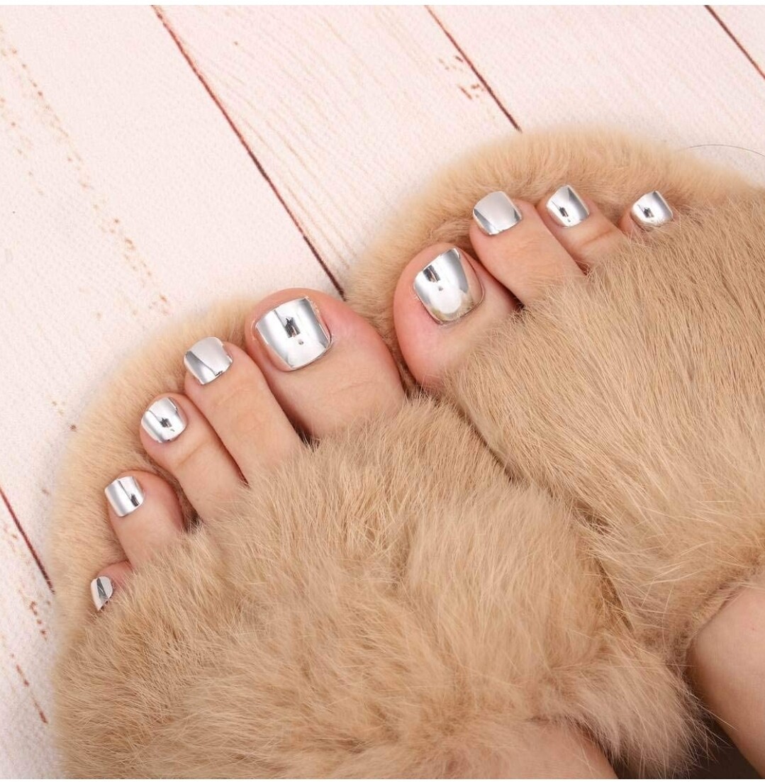24 Silver Pink Chrome Toe nail press on nails kit w glue mirror shiny white