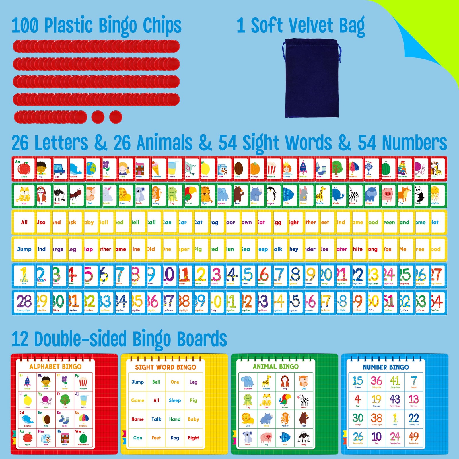 Family Bingo Game, Alphabet Animal Sight Word and Number Medium, Multicolored