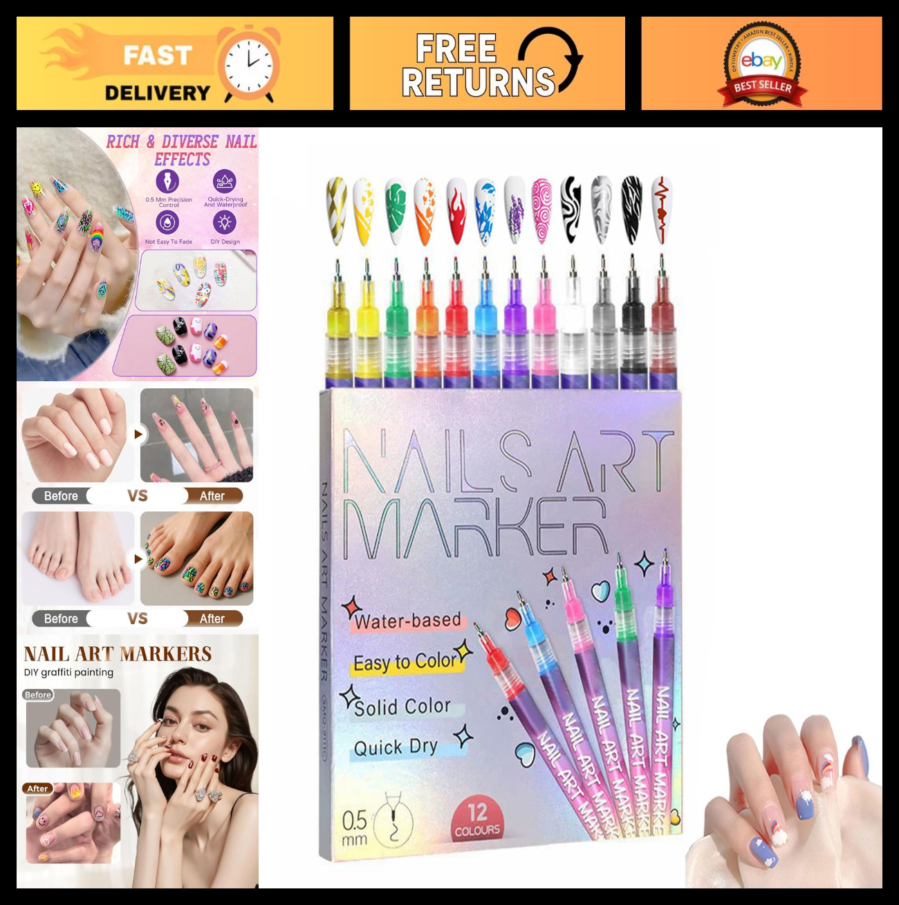 12 Color Nail Art Marker Pens Set – Nail Painting & Artistic Decorations, Easy t