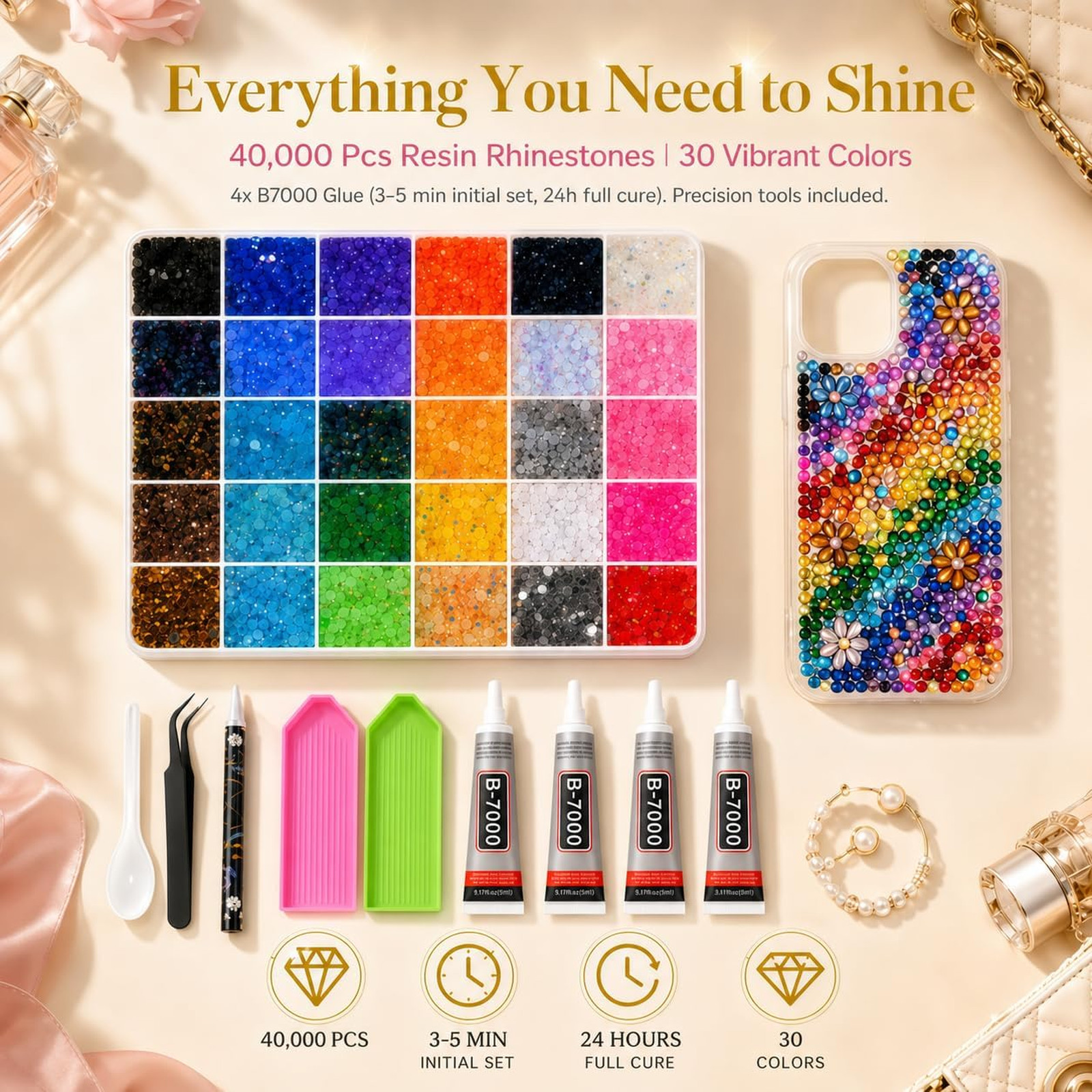 40000 Pcs Rhinestone Kit with Bedazzler Set, 30 Colors 3mm Flatback Resin Gems